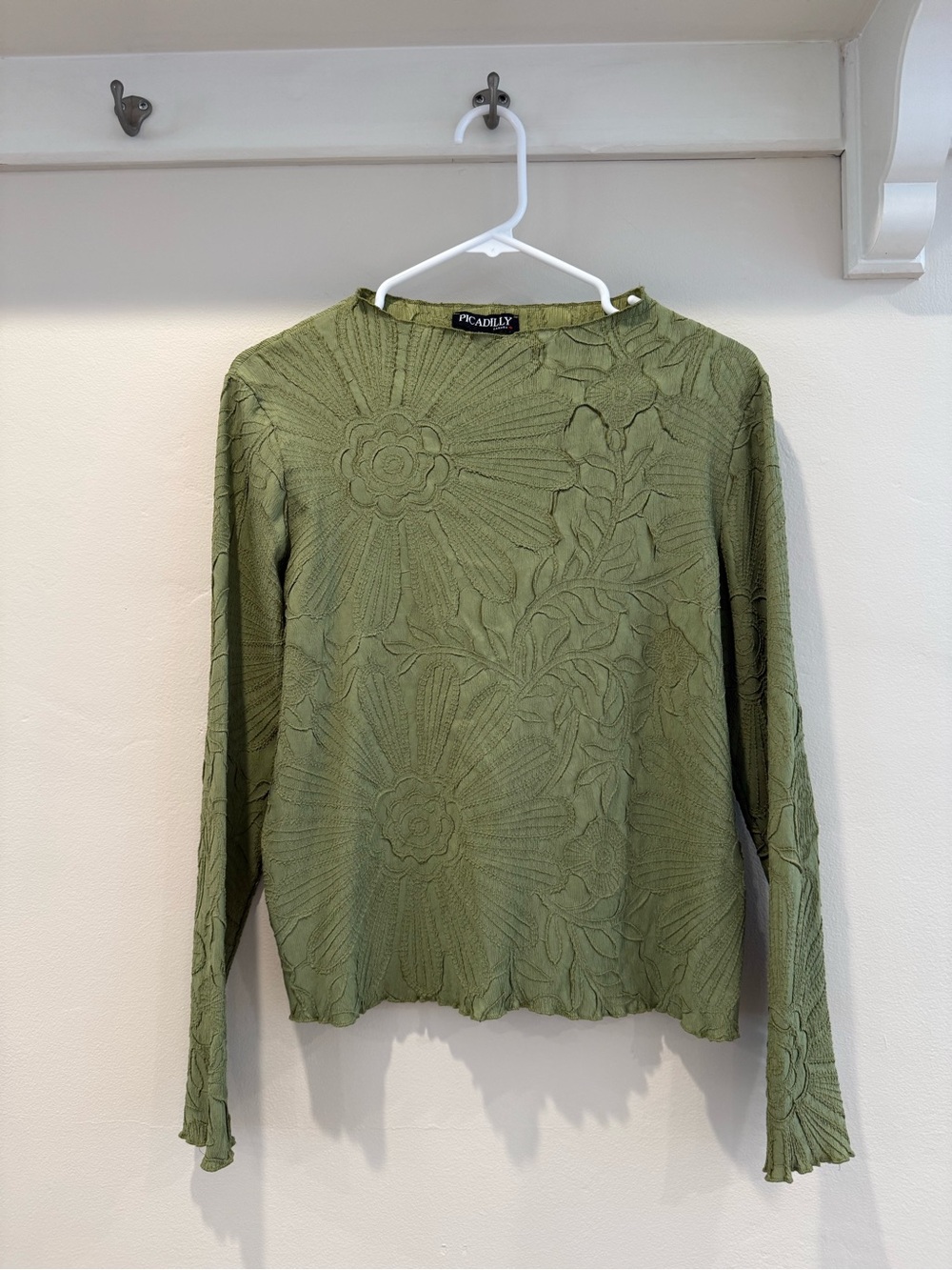 Picadilly Fashion Olive Green Embossed Floral Long-Sleeve Top